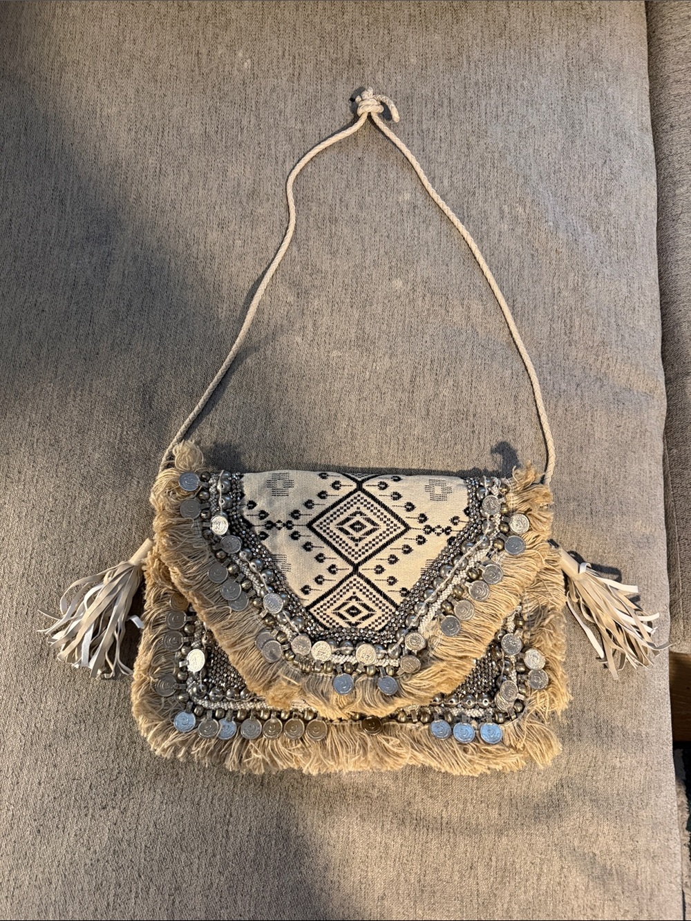REVOLVE Beige & Black Boho Coin Fringe Crossbody